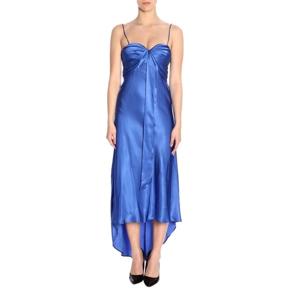 NWT Pinko Curtis Abito Ultra Blue Satin Flowy High Low Formal Midi Dress - Picture 16 of 16